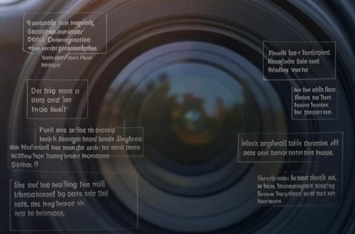 camera lens with digital text overlays